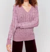 Charlie B V-neck Cable Knit Sweater In Cabernet In Red