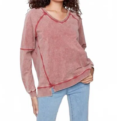 Charlie B Cold Dye French Terry V-neck Top In Cabernet In Pink