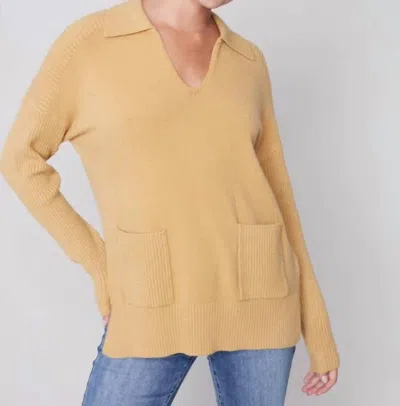 Charlie B Collared V-neck Sweater In Gold