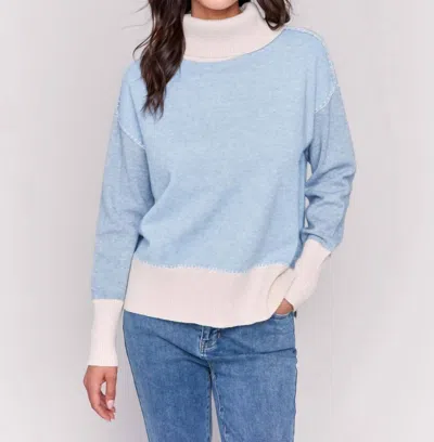 Charlie B Color Block Turle Neck Sweater In Frost In Grey