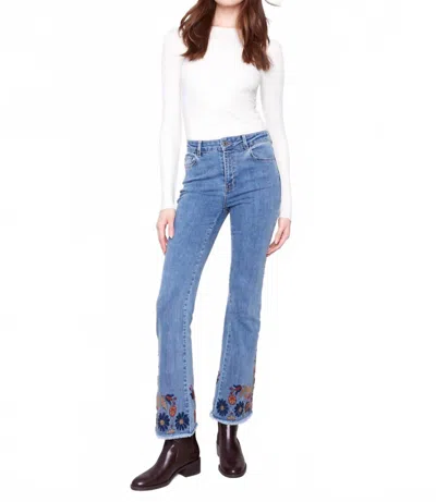 Charlie B Colorfully Embroidered Flare Denim Pants In Medium Blue
