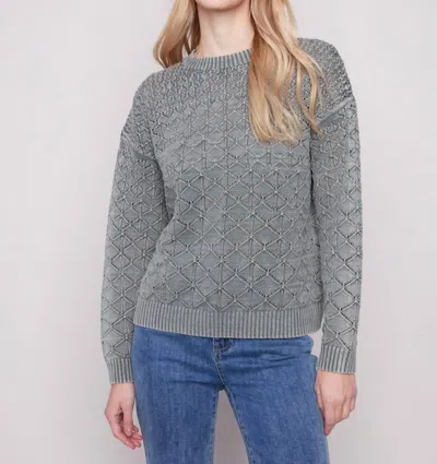 Charlie B Cotton Blend Pointelle Crew Neck Sweater In Spruce In Gray