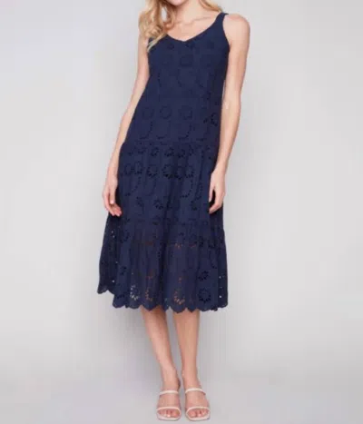 Charlie B Cotton Eyelet Long Dress In Navy In Blue
