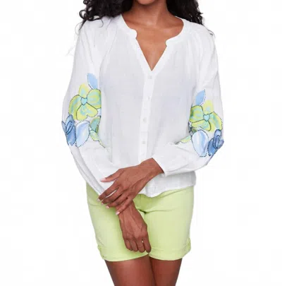 CHARLIE B COTTON-LINEN BUTTON FRONT BLOUSE WITH EMBROIDERY IN ANIS