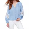 Charlie B Cotton-linen Button-front Blouse With Embroidery In Chambray In Blue