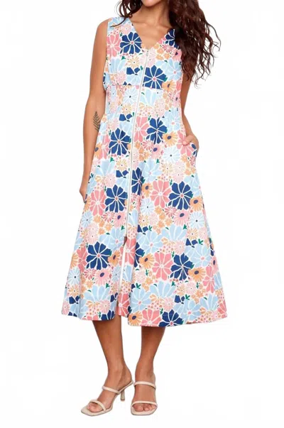 Charlie B Cotton Voile Printed Front Zip Maxi Dress In Retro Blue In Multi