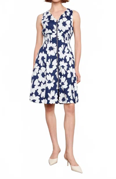 Charlie B Cotton Voile Printed Front Zip Midi Dress In Navy And White Floral In Blue