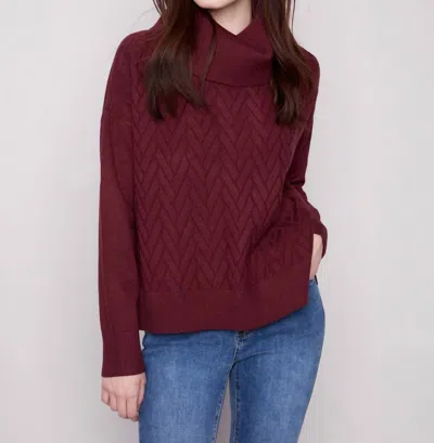 Charlie B Cowl Neck Sweater With Side Slit And Tie Details In Cabernet In Burgundy