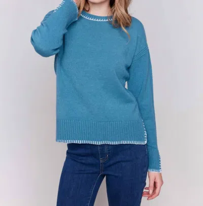Charlie B Crew-neck Blanket Stitch Sweater In Peacock In Blue