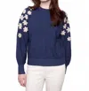 Charlie B Crew Neck Sweater With Embroidery Details In Heather Denim Blue In Multi