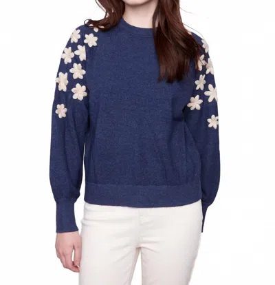 Charlie B Crew Neck Sweater With Embroidery Details In Heather Denim Blue In Multi