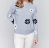 Charlie B Crew Neck Sweater With Printed Flowers In Light Grey In Gray