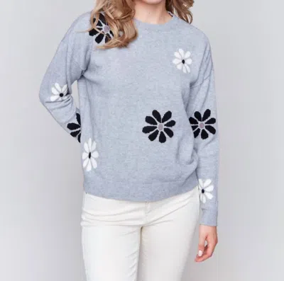 Charlie B Crew Neck Sweater With Printed Flowers In Light Grey In Gray