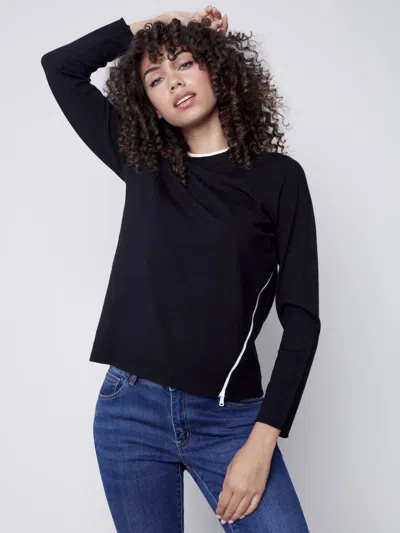Charlie B Crew Neck Sweater With Side Diagonal Zipper In Black