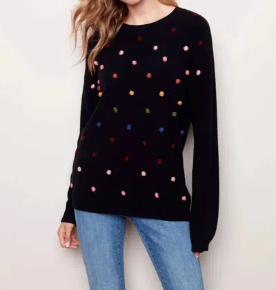 Charlie B Crew Neck With Pompoms Pull Over Sweater In Black With Multi Colored Pomp Poms