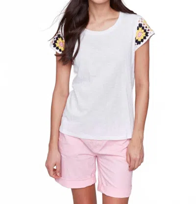 Charlie B Crew Neckline Crochet Sleeve Top In White