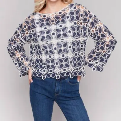 Charlie B Crochet Long Sleeve Boat Neck Top In Denim In Blue