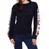 Charlie B Crochet Sleeve Sweater In Navy