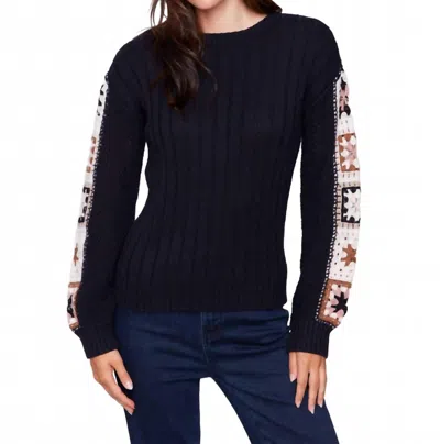 Charlie B Crochet Sleeve Sweater In Navy