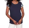 Charlie B Crochet Sleeve Top In Navy In Blue