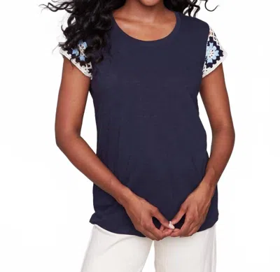 Charlie B Crochet Sleeve Top In Navy In Blue