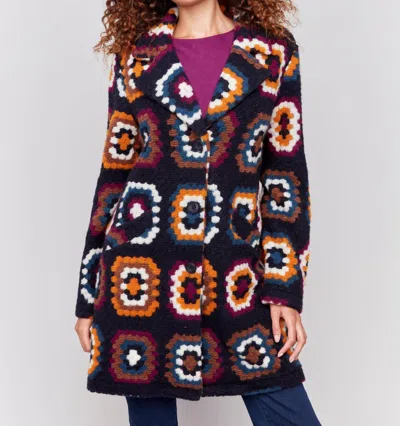 Charlie B Crochet Squares Long Coat In Navy In Blue