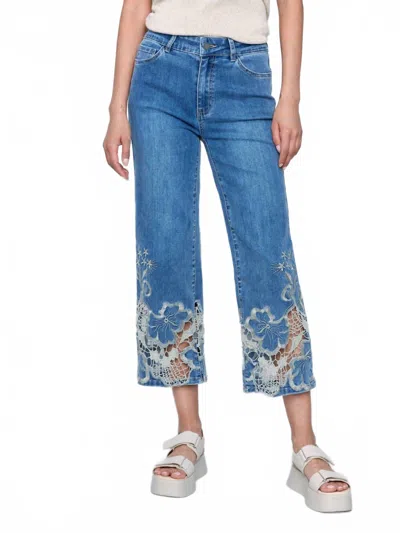 Charlie B Crop Flare Leg Jeans With Laser Cut Lace Hem In Medium Blue