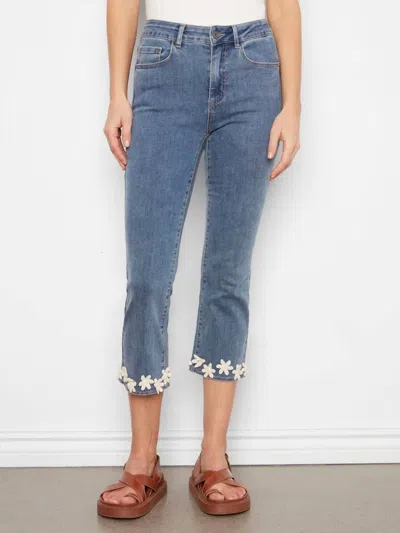 Charlie B Cropped Flare Jeans With Floral Hem In Medium Blue