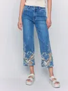Charlie B Crop Flare Leg Jeans With Laser Cut Lace Hem In Medium Blue