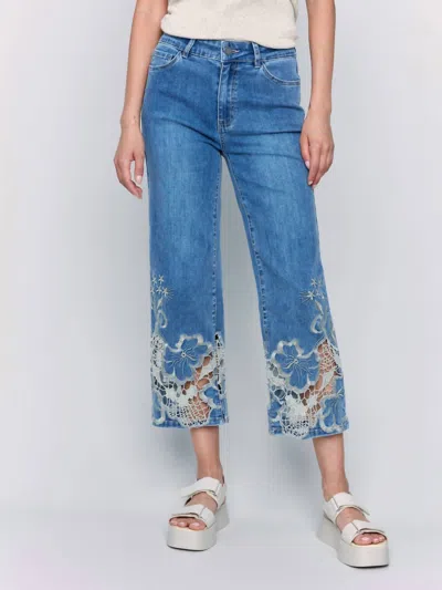 Charlie B Crop Flare Leg Jeans With Laser Cut Lace Hem In Medium Blue