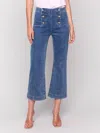 Charlie B Cropped Pull-on Flare Jeans With Front Buttons In Medium Blue In Blue