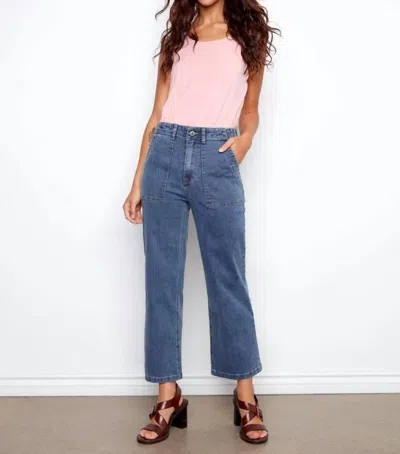 Charlie B Cropped Utility Pocket Jeans In Medium Blue In Black