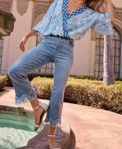 Charlie B Denim Print 3/4 Top In Blue