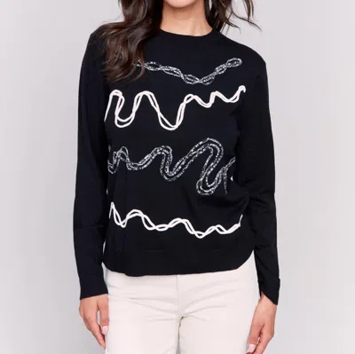 Charlie B Embroidered Crew Neck Plushy Sweater In Black