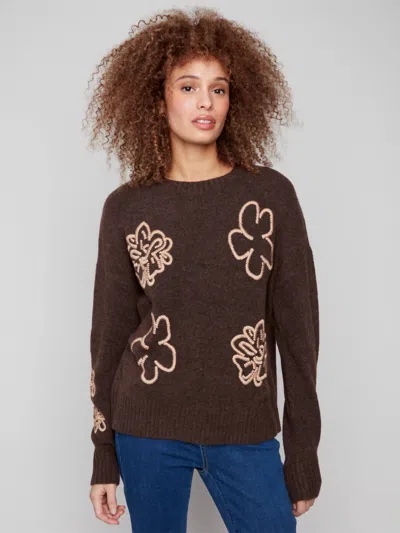 Charlie B Embroidered Crew Neck Sweater In Heather Brown