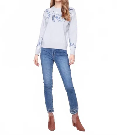 Charlie B Embroidered Crew Neck Sweater In Heather Grey In Blue