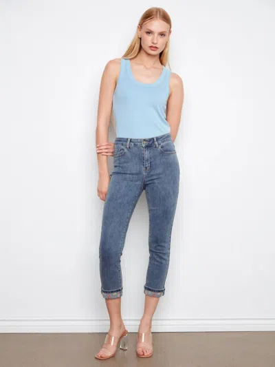 Charlie B Embroidered Cuff Cropped Slim Leg Jeans In Medium Blue