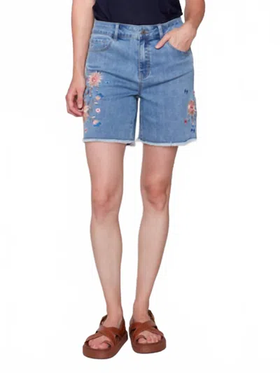 Charlie B Embroidered Fringed Hem Denim Shorts In Light Blue