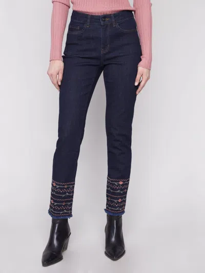 Charlie B Embroidered Hem 5-pocket Stretch Jeans In Dark Denim In Blue