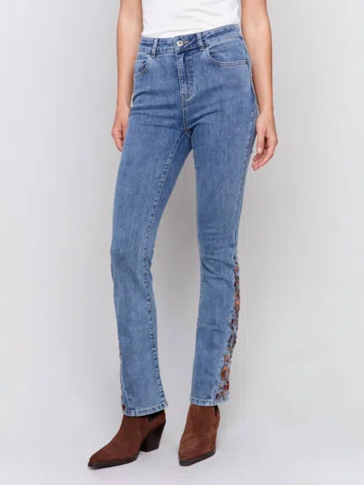 Charlie B Embroidered Hem Denim Bootcut Jean In Medium Blue