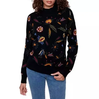 Charlie B Embroidered Mock Neck Pullover Sweater In Black