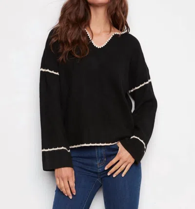 Charlie B Embroidered Ribbed Sweater With Notch Neck In Black