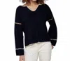 Charlie B Embroidered Ribbed Sweater With Notch Neck In Navy In Blue