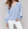 Charlie B Raglan Long Sleeves Blouse With Embroidery In Chambray In Blue