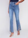 Charlie B Embroidered Slit Pants In Medium Blue