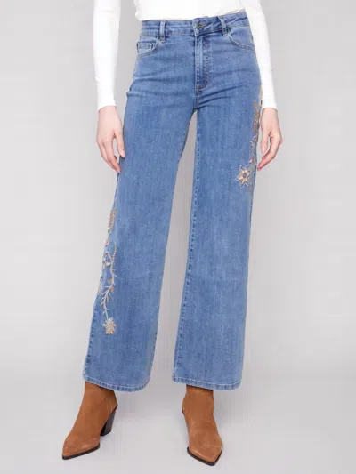 Charlie B Embroidered Wide Leg Jeans With Flowers In Medium Blue