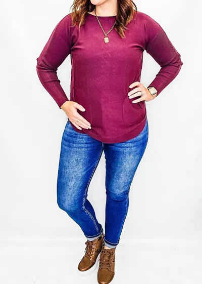 Charlie B Eyelet Back Sweater In Port Wine