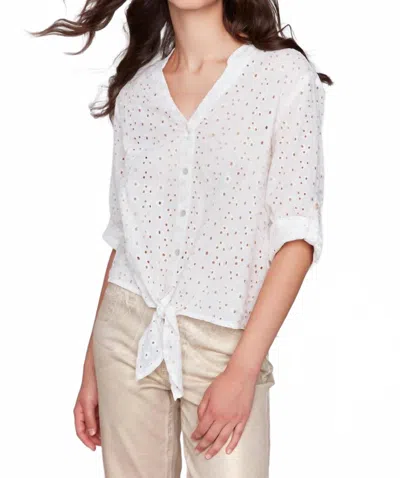 Charlie B Eyelet Embroidery Cotton Blouse With Front Tie In Gold In White