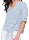 Charlie B Eyelet Embroidery Front Tie Cotton Blouse In Blue Bell In Multi