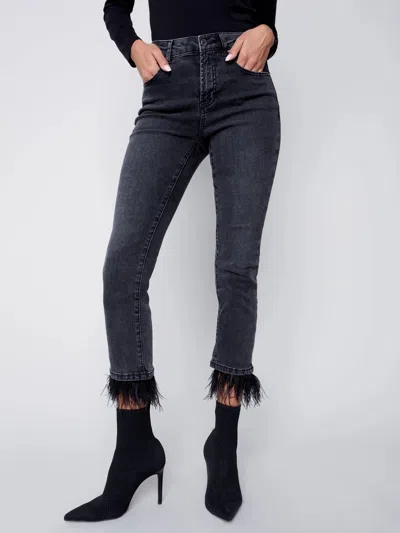 Charlie B Feather Trim Denim Jeans In Charcoal In Grey